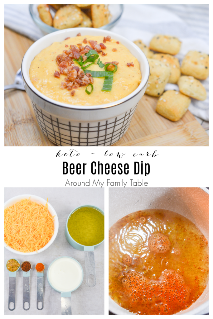 keto beer cheese ingredients and dip in a bowl with keto pretzels
