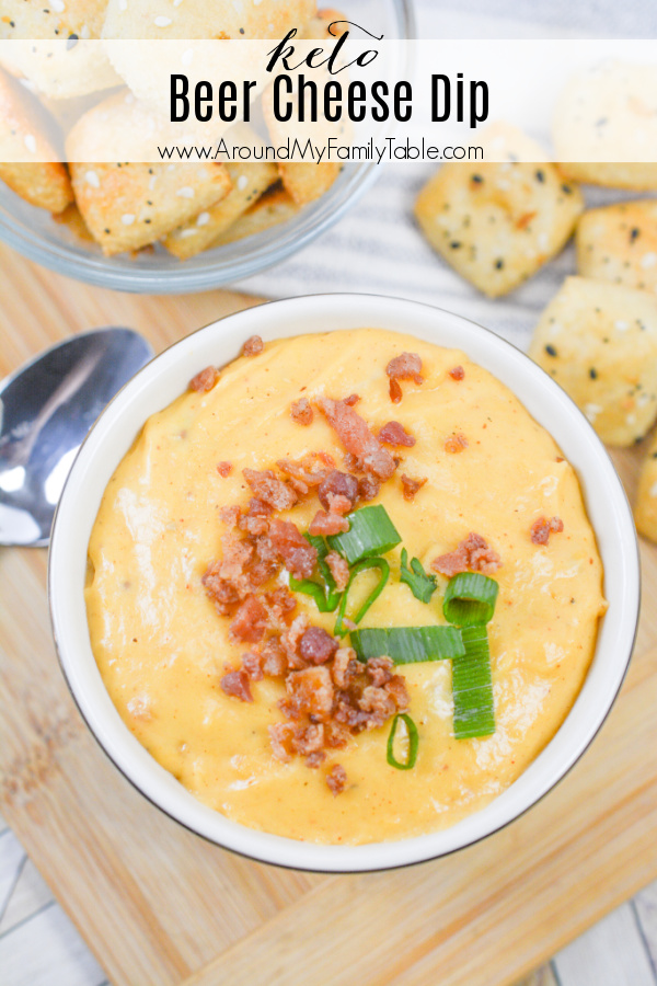 keto beer cheese in a bowl with keto pretzels