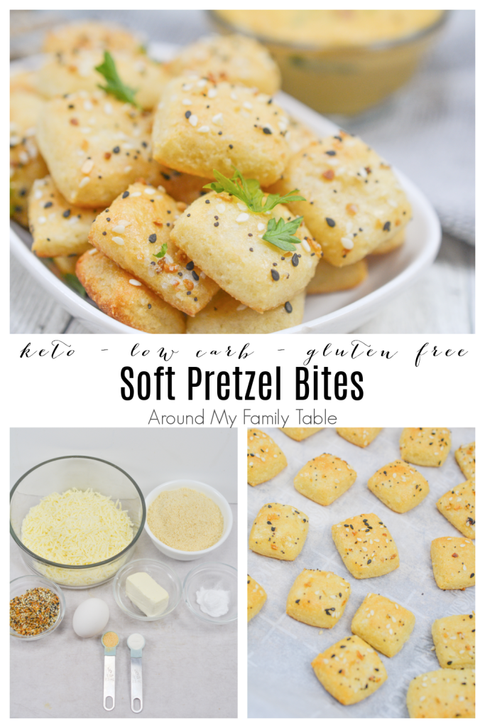 collage of keto pretzel bites...ingredients and cooked bites in a white bowl