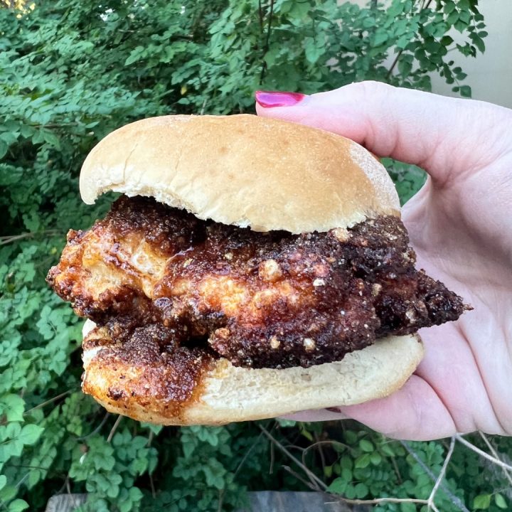 Keto Nashville Hot Chicken Sandwiches with green background