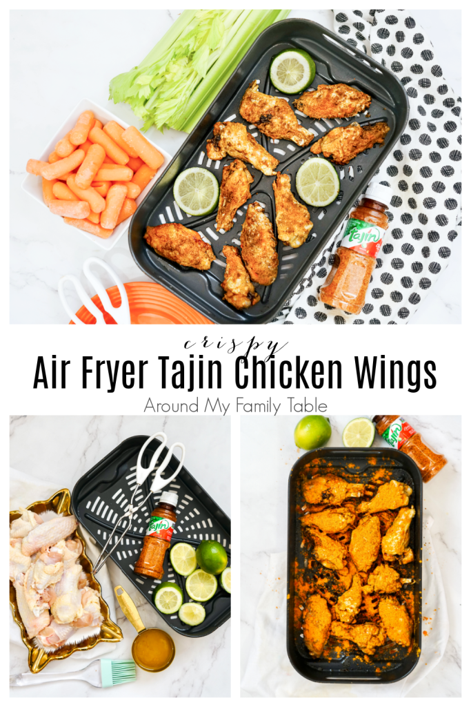 crispy tajin chicken wings in air fryer basket collage with ingredients and process