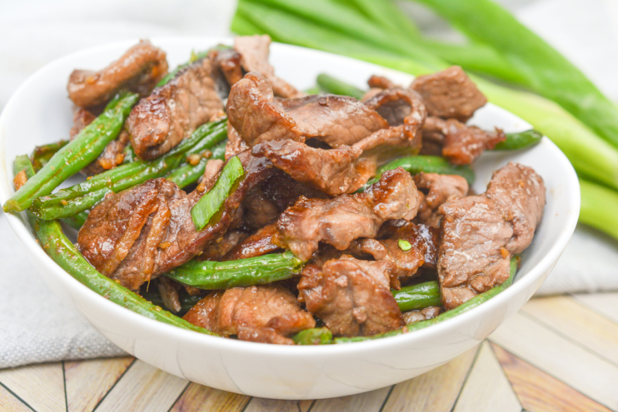 Keto Air Fryer Mongolian Beef in white bowl