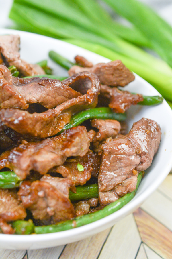 Keto Air Fryer Mongolian Beef in white bowl