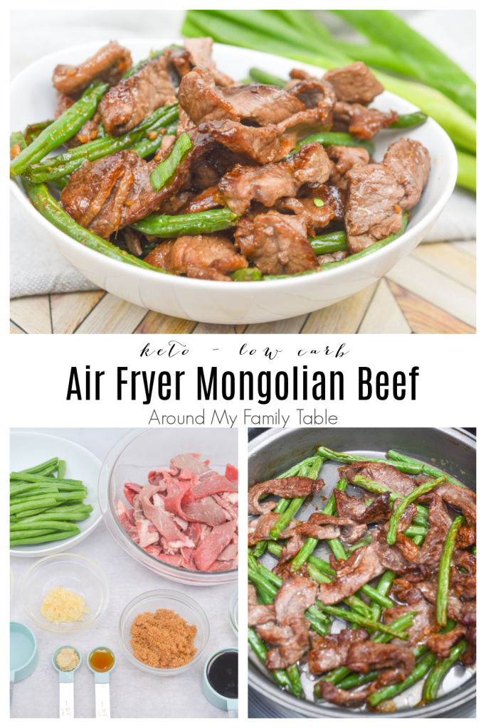 Keto Air Fryer Mongolian Beef collage of ingredients, cooking process, and final dish