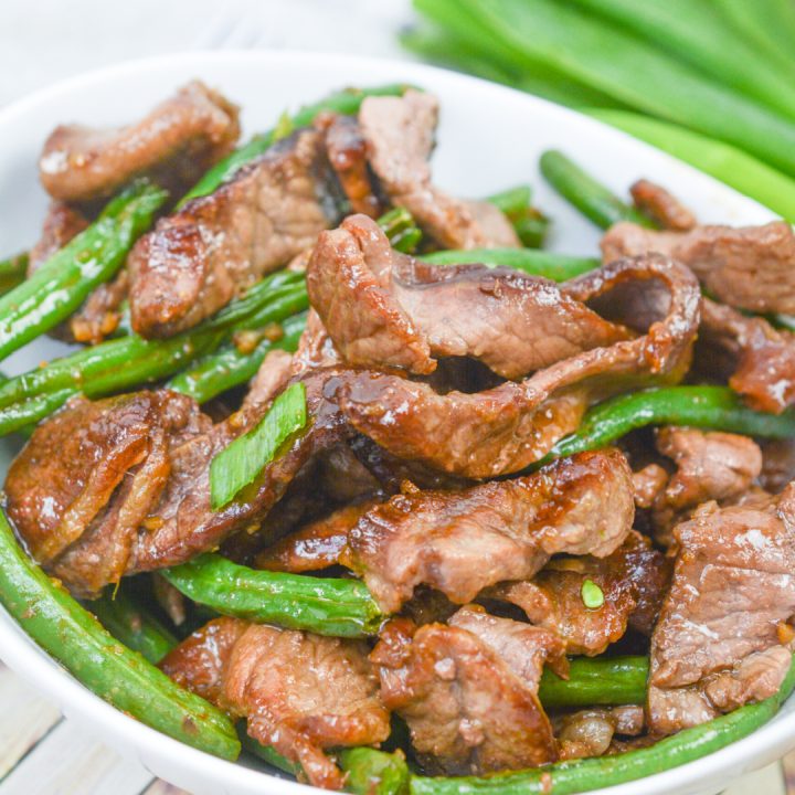 Keto Air Fryer Mongolian Beef in white bowl