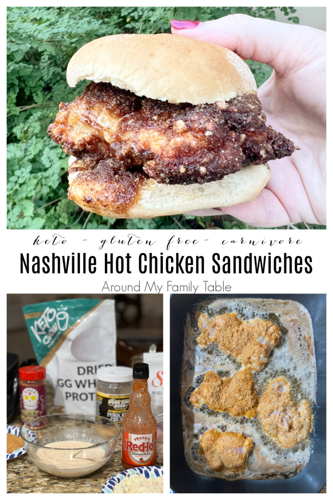 collage of keto sandwich ingredients, chicken cooking, and final sandwich