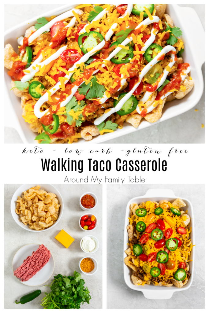 collage of pictures of keto walking taco casserole in white dish and and picture of ingredients