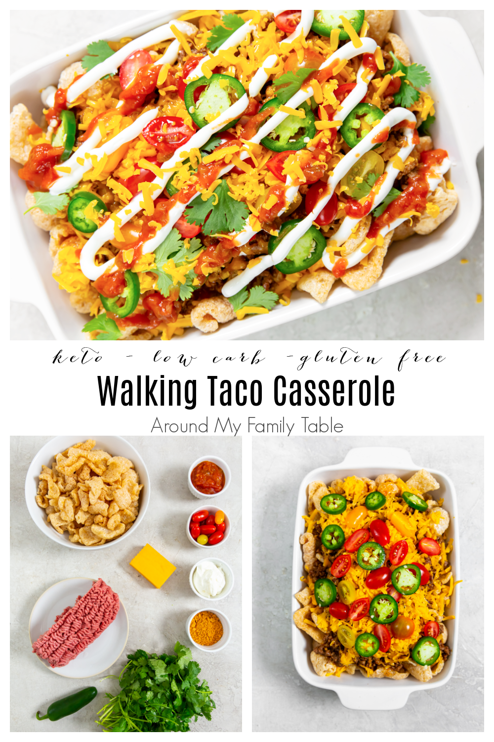 This Walking Taco Casserole is an easy low carb appetizer! The pork rinds are deliciously scoop-able, plus cheesy beef in every bite! via @slingmama