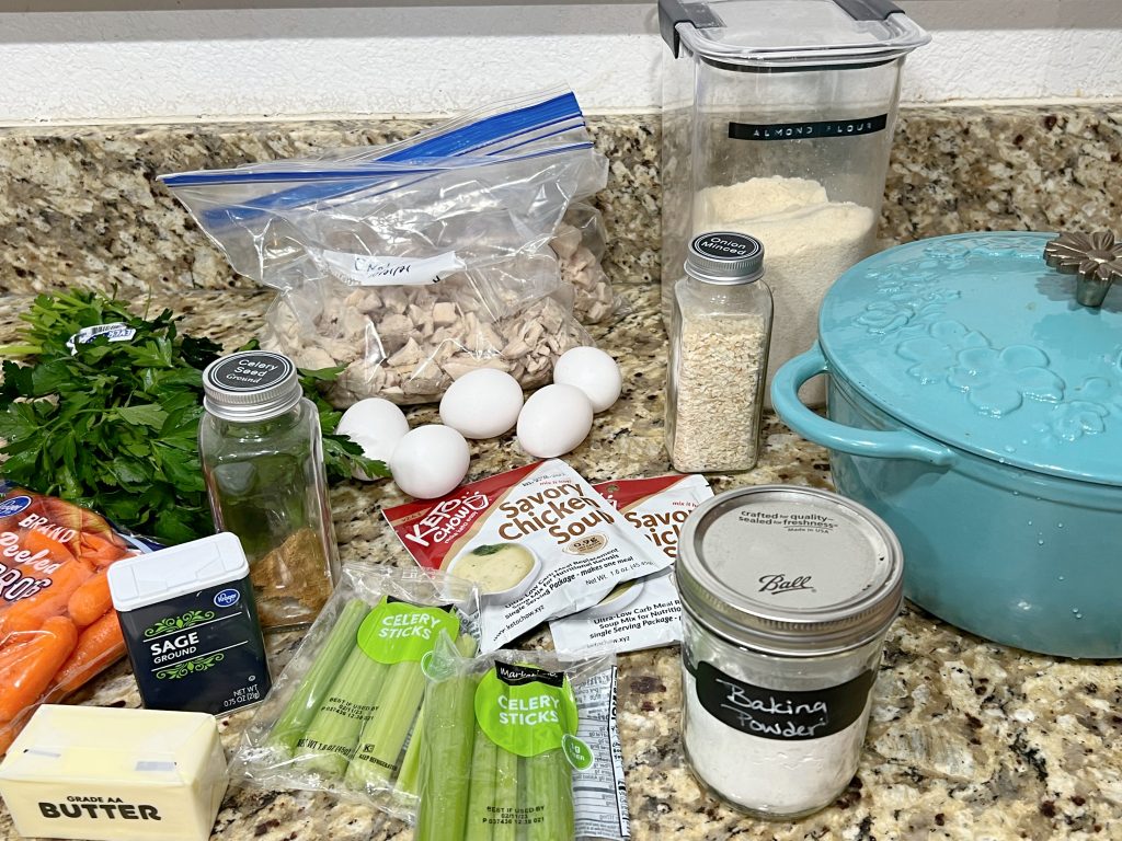 Easy Keto Chicken and Dumplings ingredients on counter