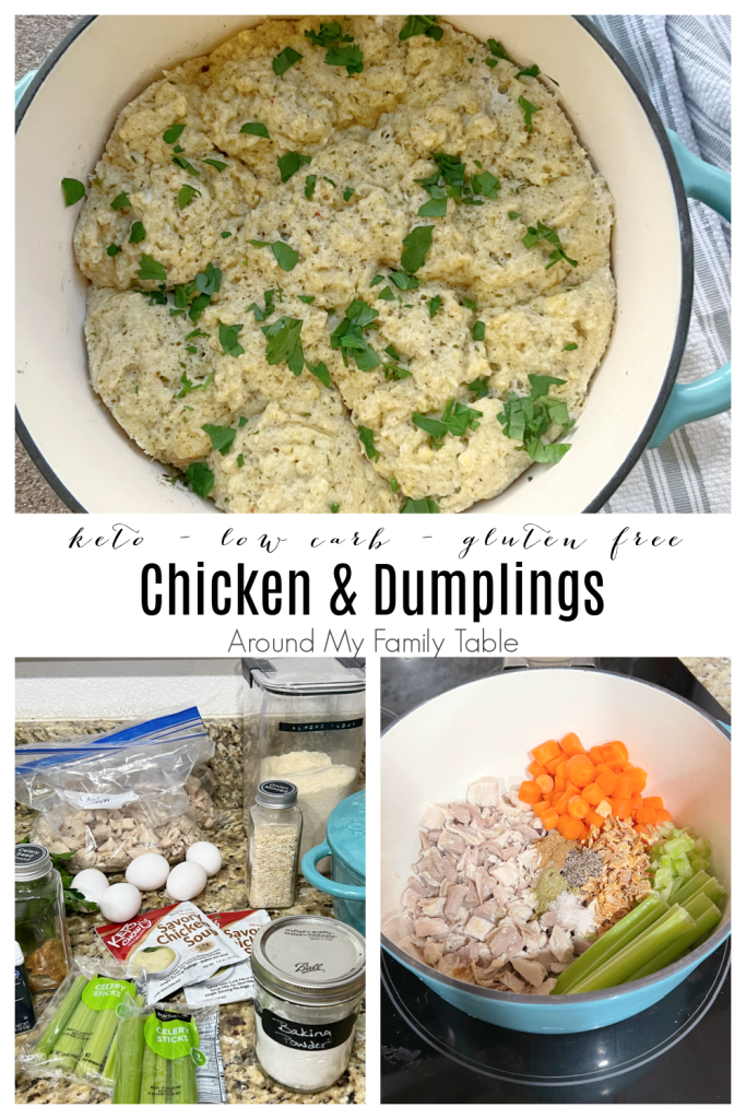 collage of keto chicken and dumplings in a pot with a towel underneath and ingredients