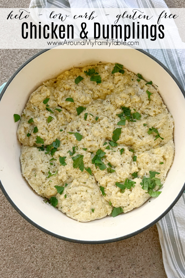 keto chicken and dumplings in a pot with a towel underneath