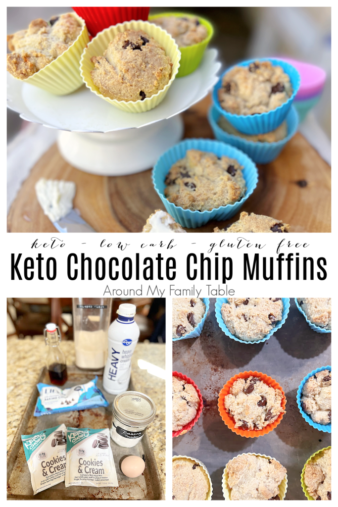 Keto Chocolate Chip Muffins collage with cooked muffins on wood board, ingredients, and batter.