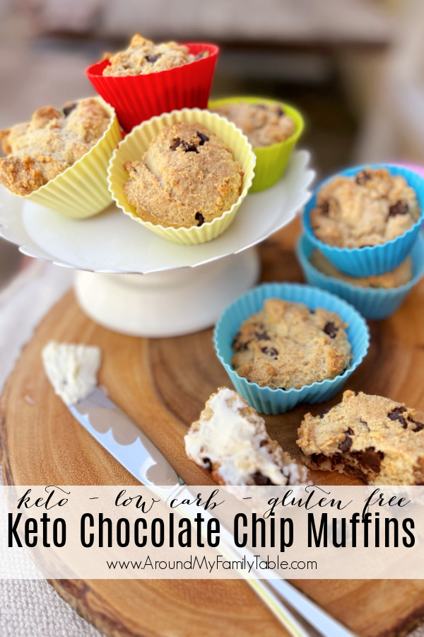 Keto Chocolate Chip Muffins on wood board