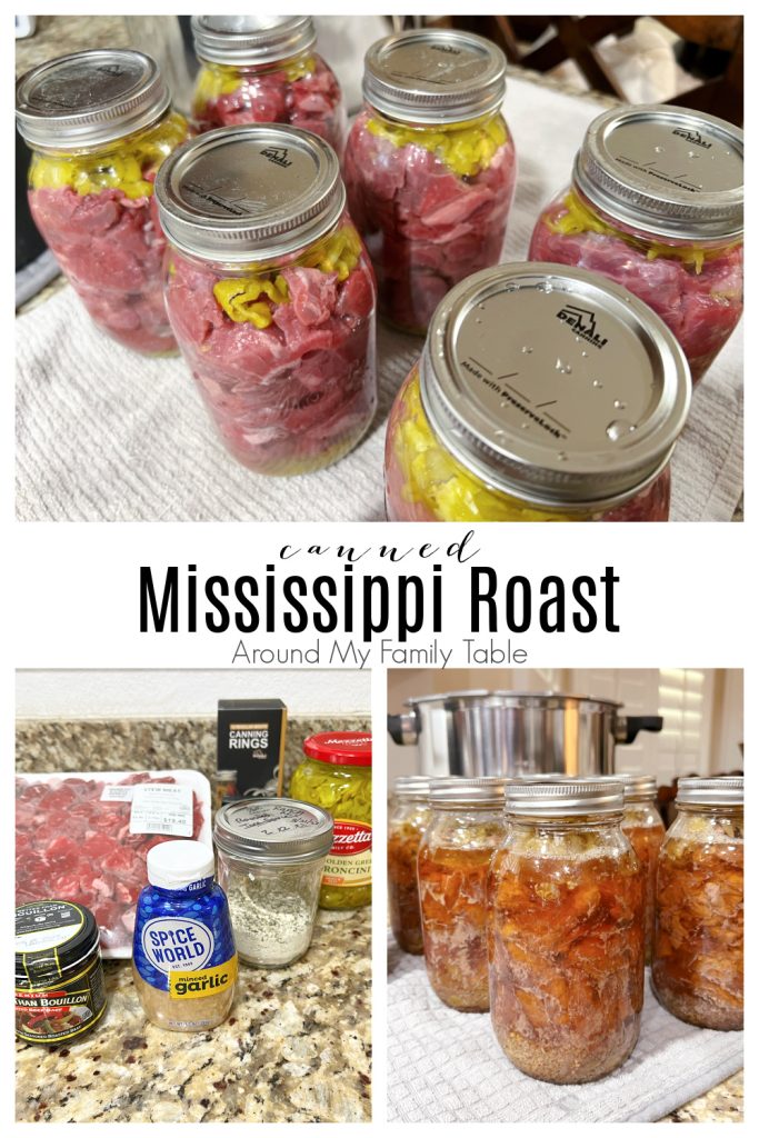 collage of jars filled with meat to be pressure canned, ingredients on the counter, and what the jars of beef look like after pressure canning