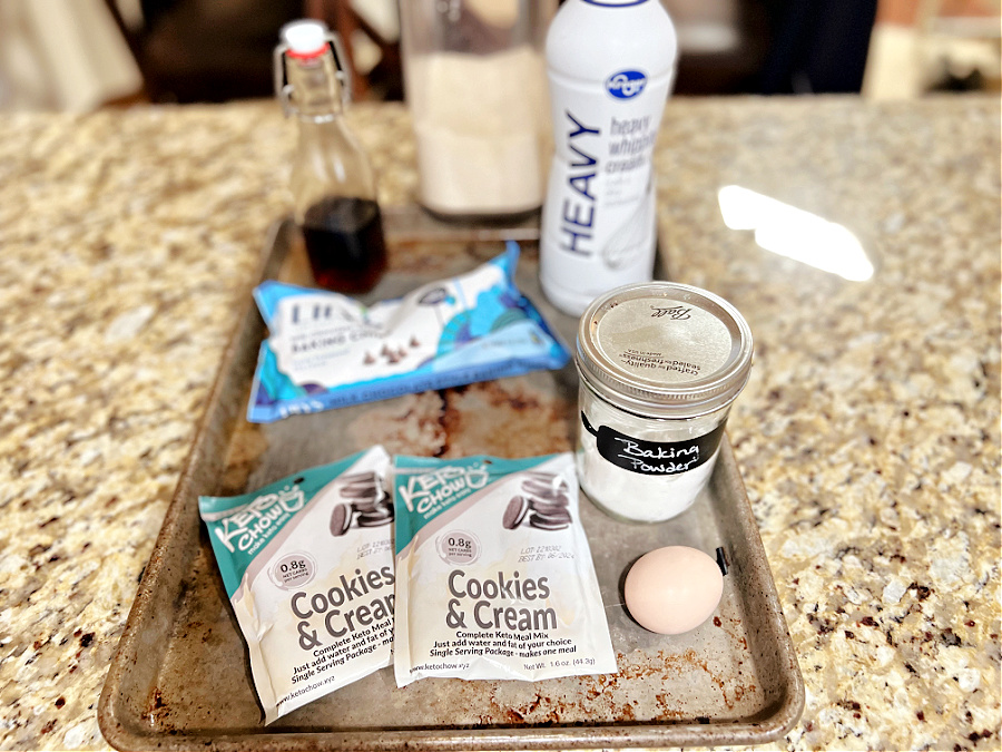 ingredients on the counter to make keto chocolate chip muffins