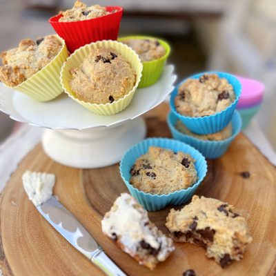 Keto Chocolate Chip Muffins on wood board