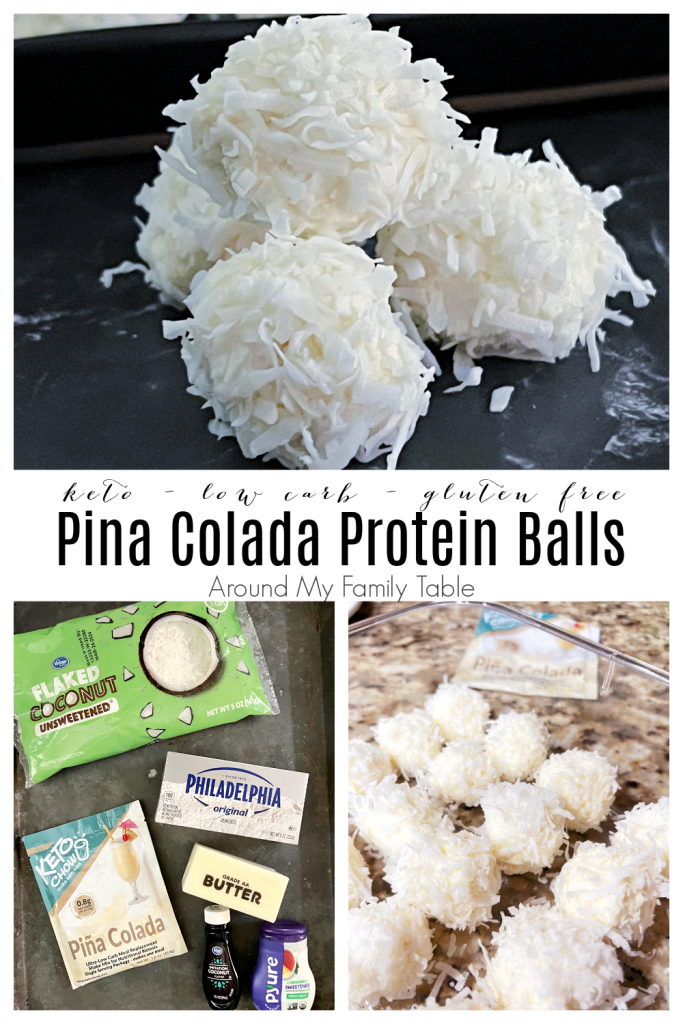 keto-friendly, Pina Colada Protein Balls collage final product on black background and image of ingredients