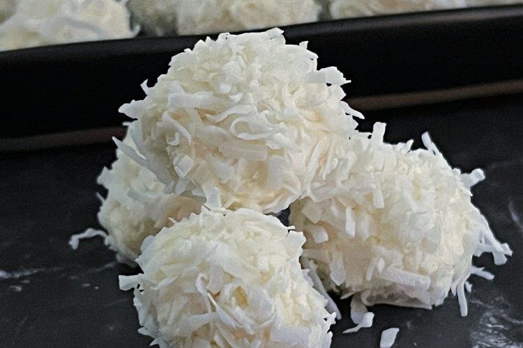 Pina Colada Protein Balls collage final product on black background