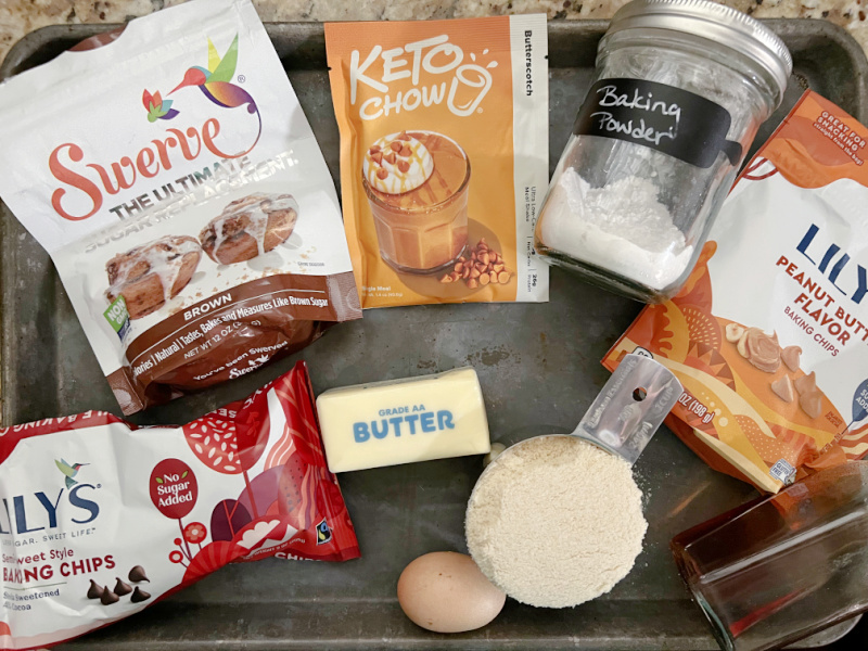 Keto Scotcheroo Cookie Bars ingredients on a pan