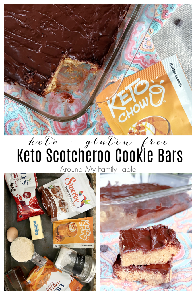 Keto Scotcheroo Cookie Bars on a napkin with Keto Chow + an image showing all the ingredients