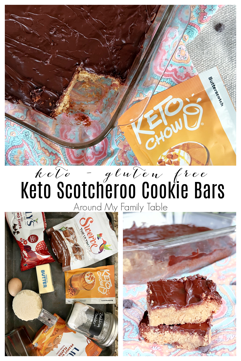 Delicious low carb, Keto Scotcheroo Cookie Bars are made with butterscotch protein powder, peanut butter chips and have a rich chocolate topping. These healthy keto scotcheroos cookie bars are a fun dessert. They are gluten free too. via @slingmama